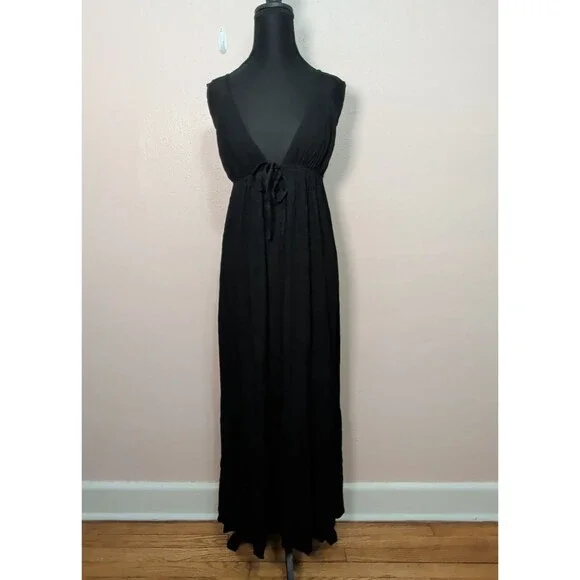 Rhea Womens Small/Medium Black Maxi Dress Sleeveless Deep V Neck Empire Waist - Picture 3 of 10